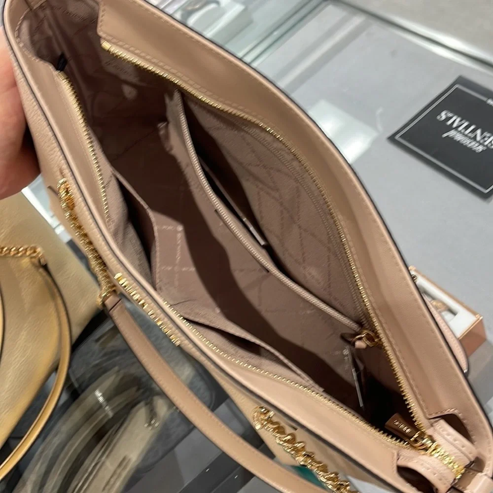 MICHAEL KORS Jet Set Medium Front Zip Pebbled Leather Chain Tote Bag Buff NWT
